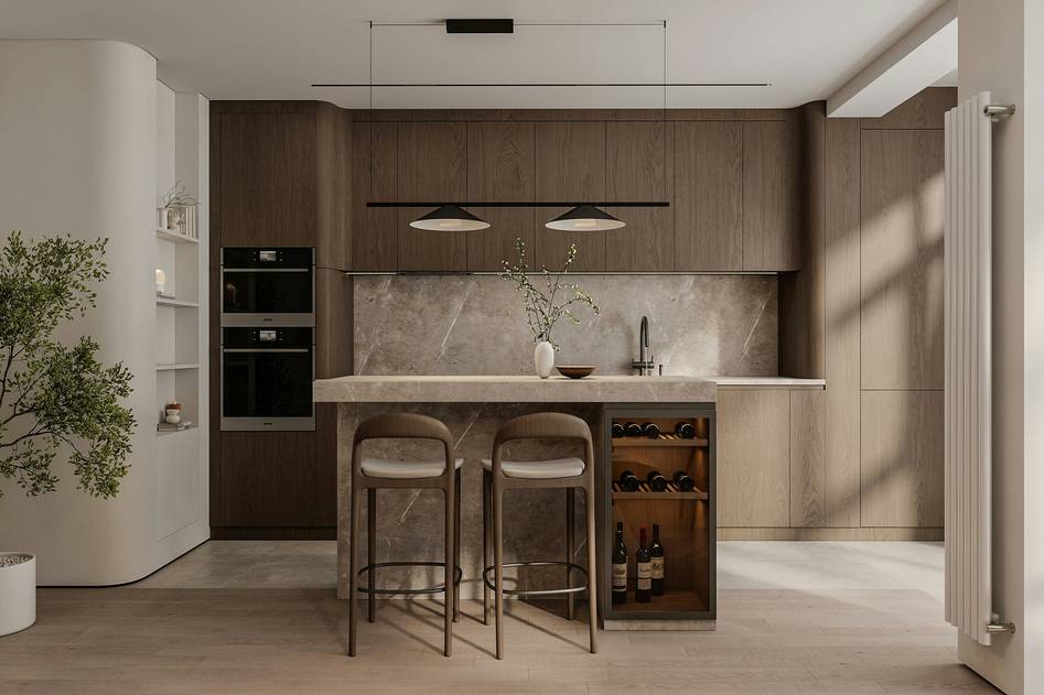 Modern wooden bar stools with leather seats in a cozy kitchen setting