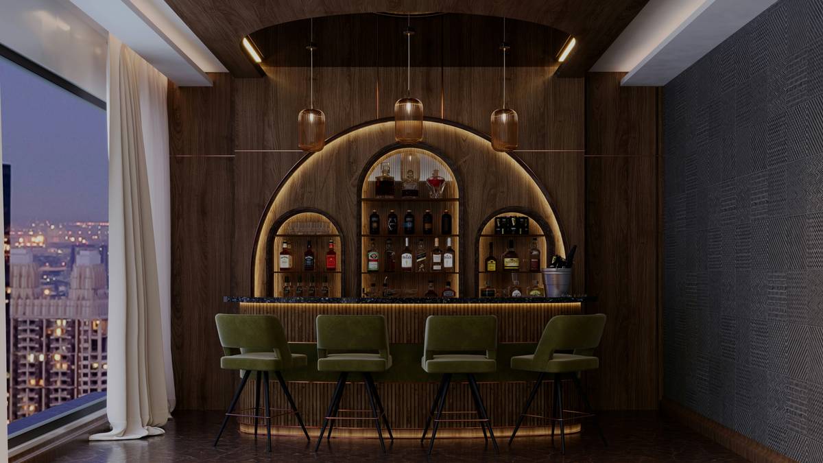 pub style bar stools at a kitchen island with leather seats and wooden footrests
